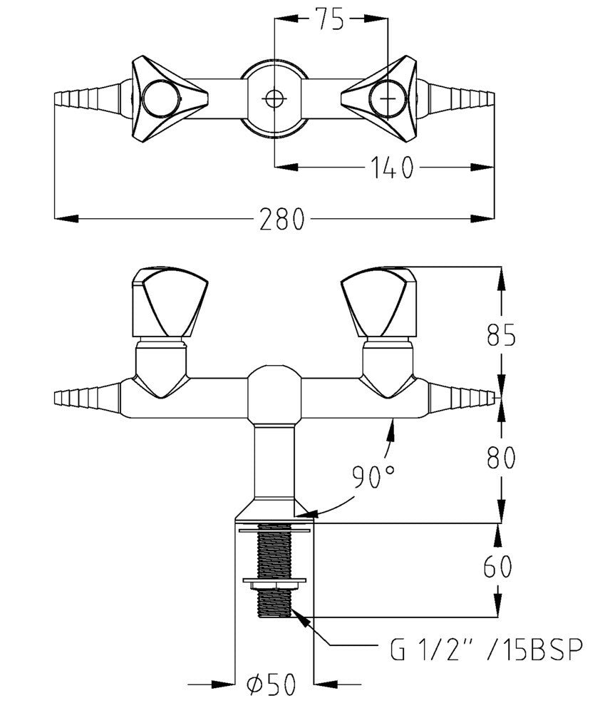 ProLab® Epoxy Coated Brass 2-Way Valve 180° Bench Mounted, Straight Outlet "Choose Media"