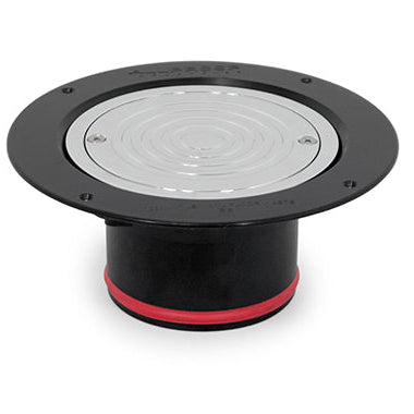 A black circular drain cover with a central grate, designed to fit inside a HDPE pipe riser. It appears to have a polished stainless steel finish with a red ring at the bottom.