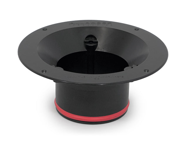 A black circular drain cover with a central grate
