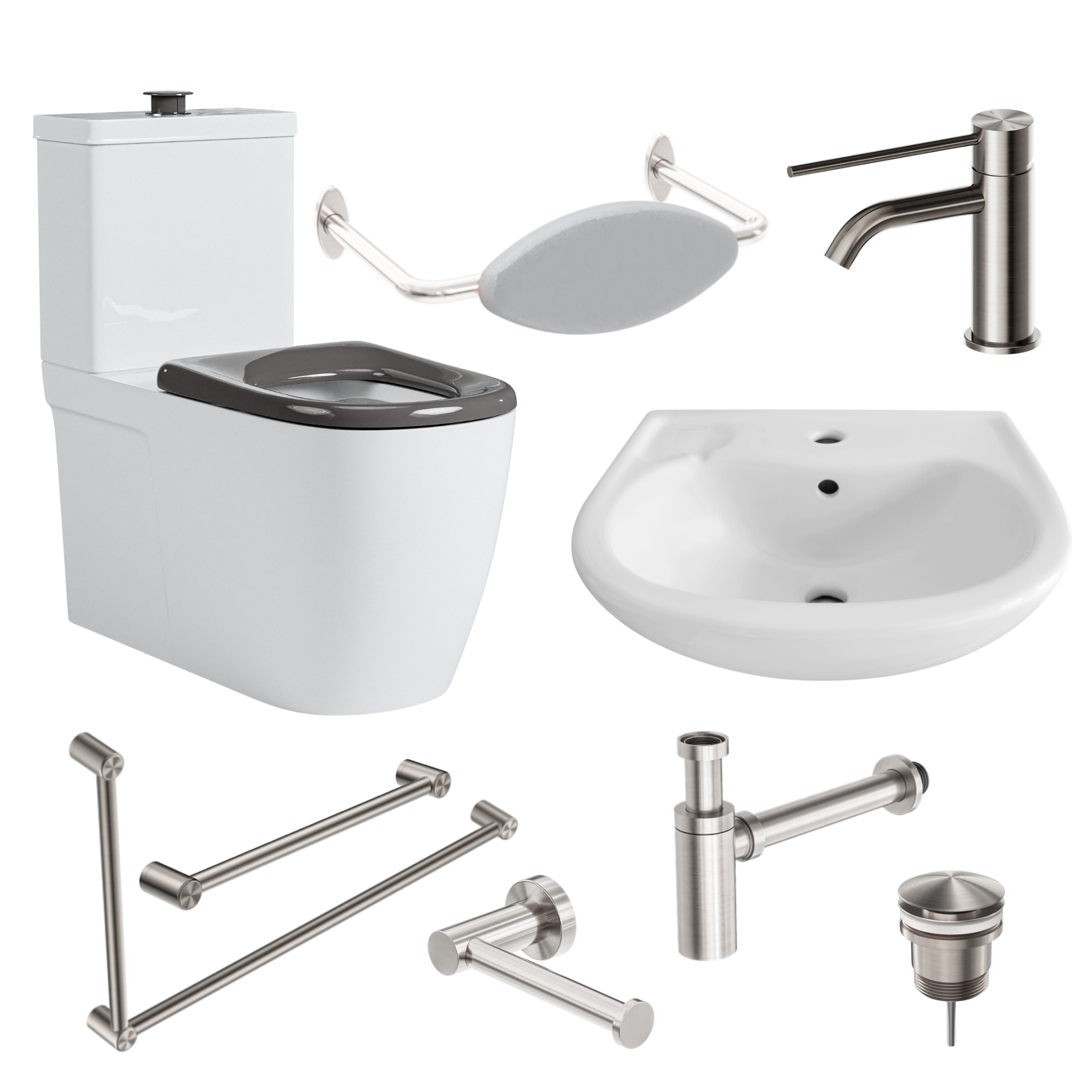 Brushed Nickel Disabled Bathroom Kit - AS1428.1 Commercial Compliant