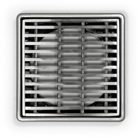 A stainless steel shower drain grate designed for tiled floors.