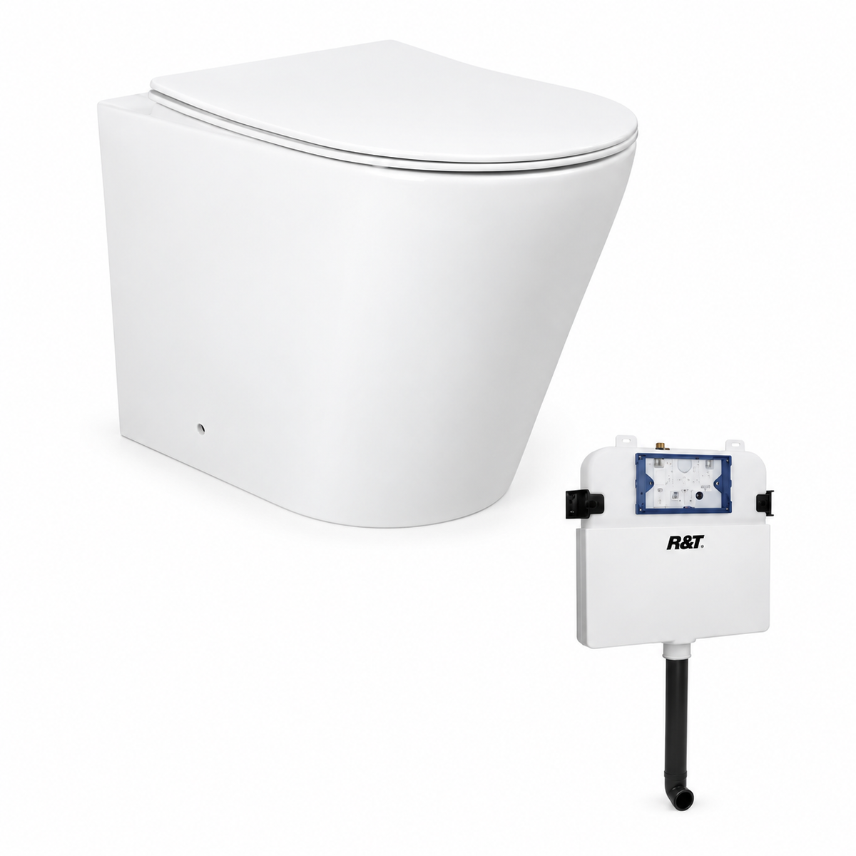 Rimless Wall Faced Toilet Pan & In-Wall Cistern Set - Slim Soft Close Seat, Gloss White | IAWFPRLHPKVA-NP