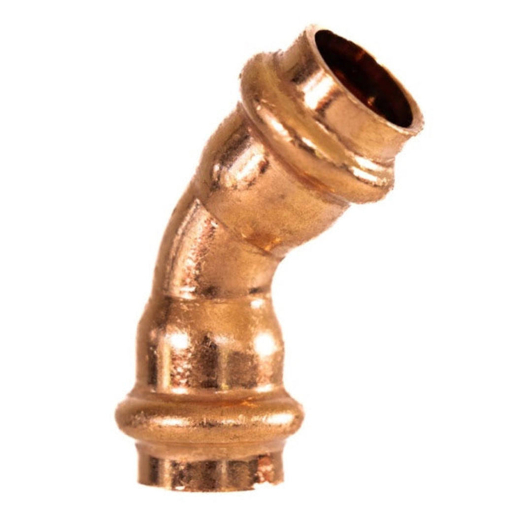 A copper 45 degree elbow pipe fitting.