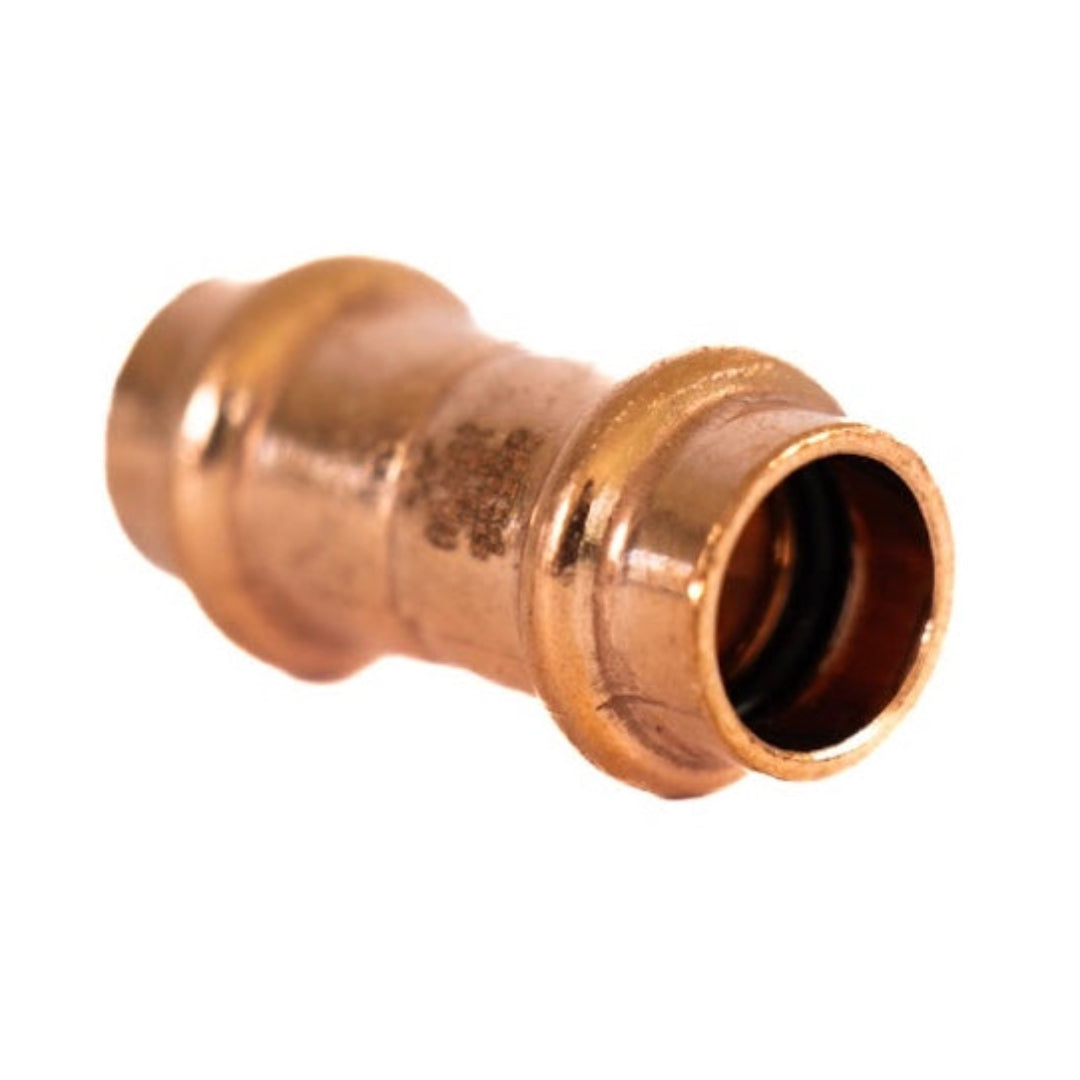 A copper press water coupling fitting.