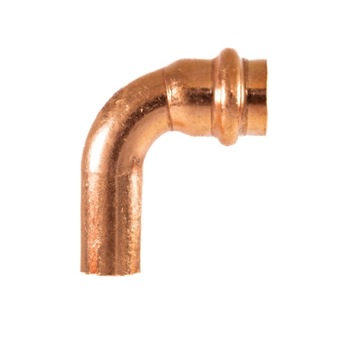 A copper press fitting with a V-profile design.