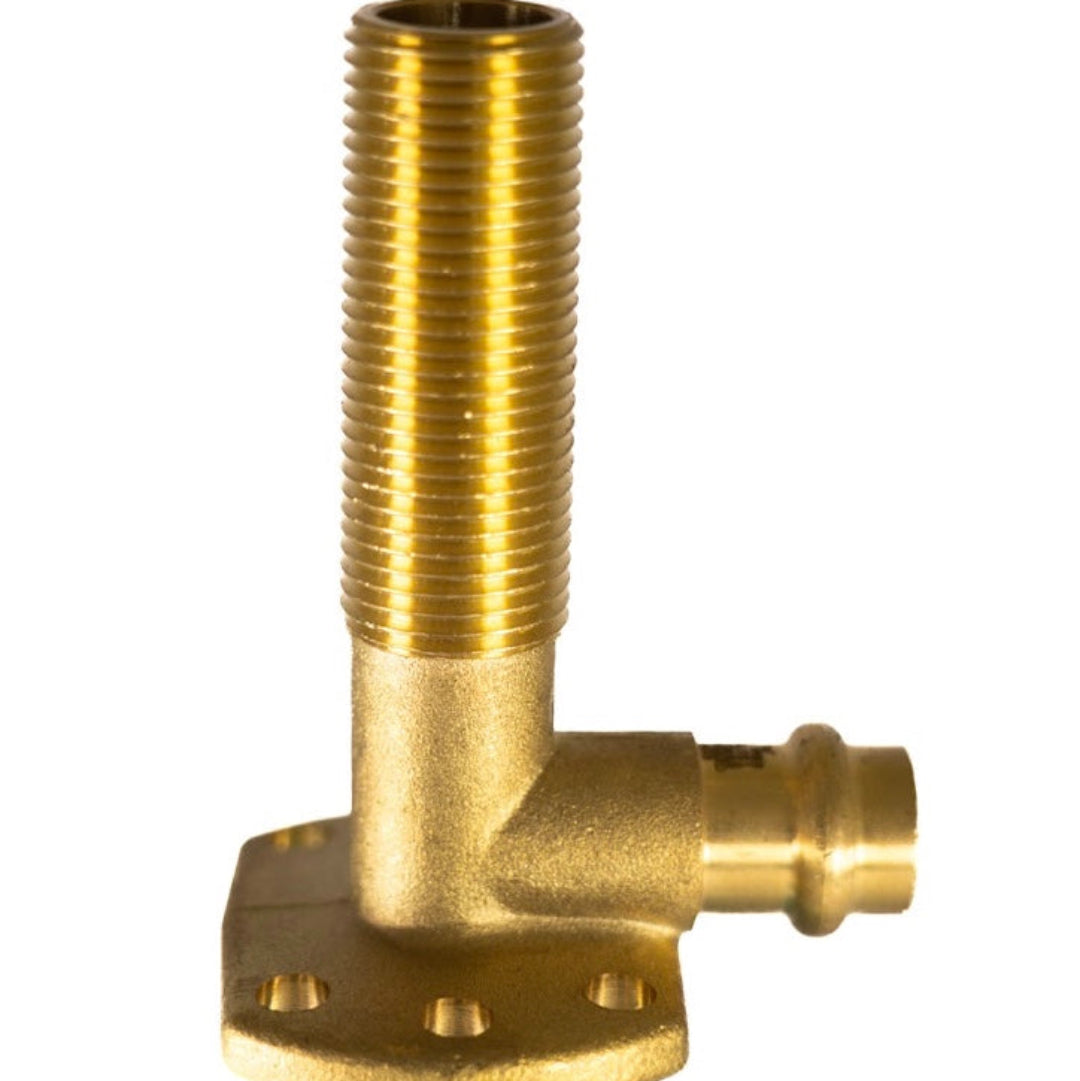 A brass copper press elbow lugged male fitting.