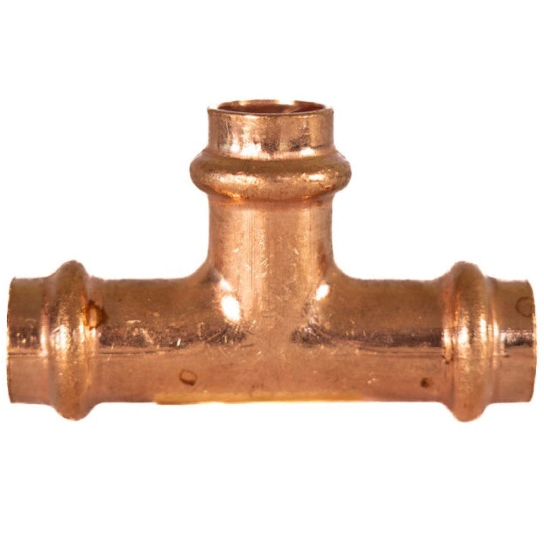 A copper press equal tee plumbing fitting.