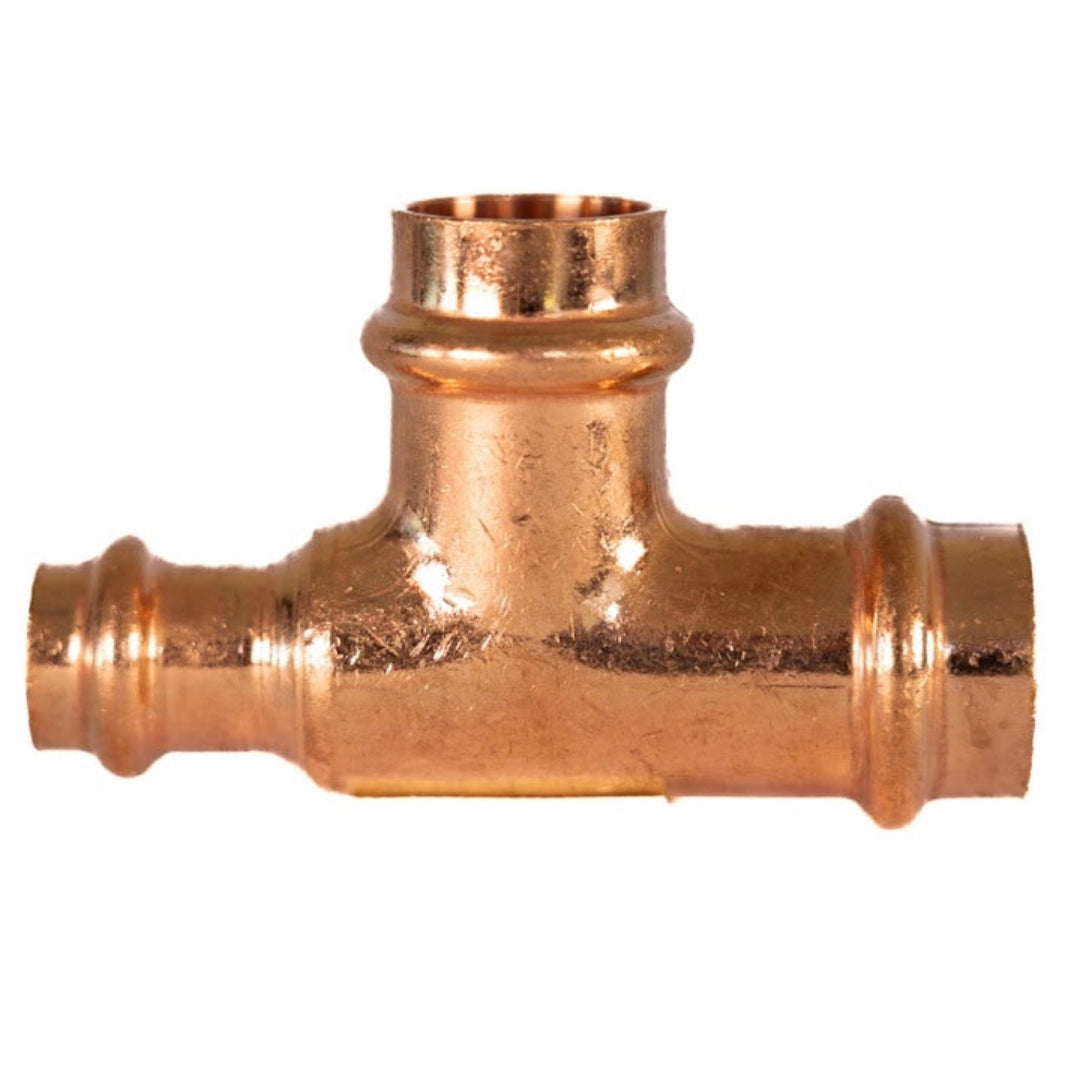 A copper press reducing tee fitting for plumbing.