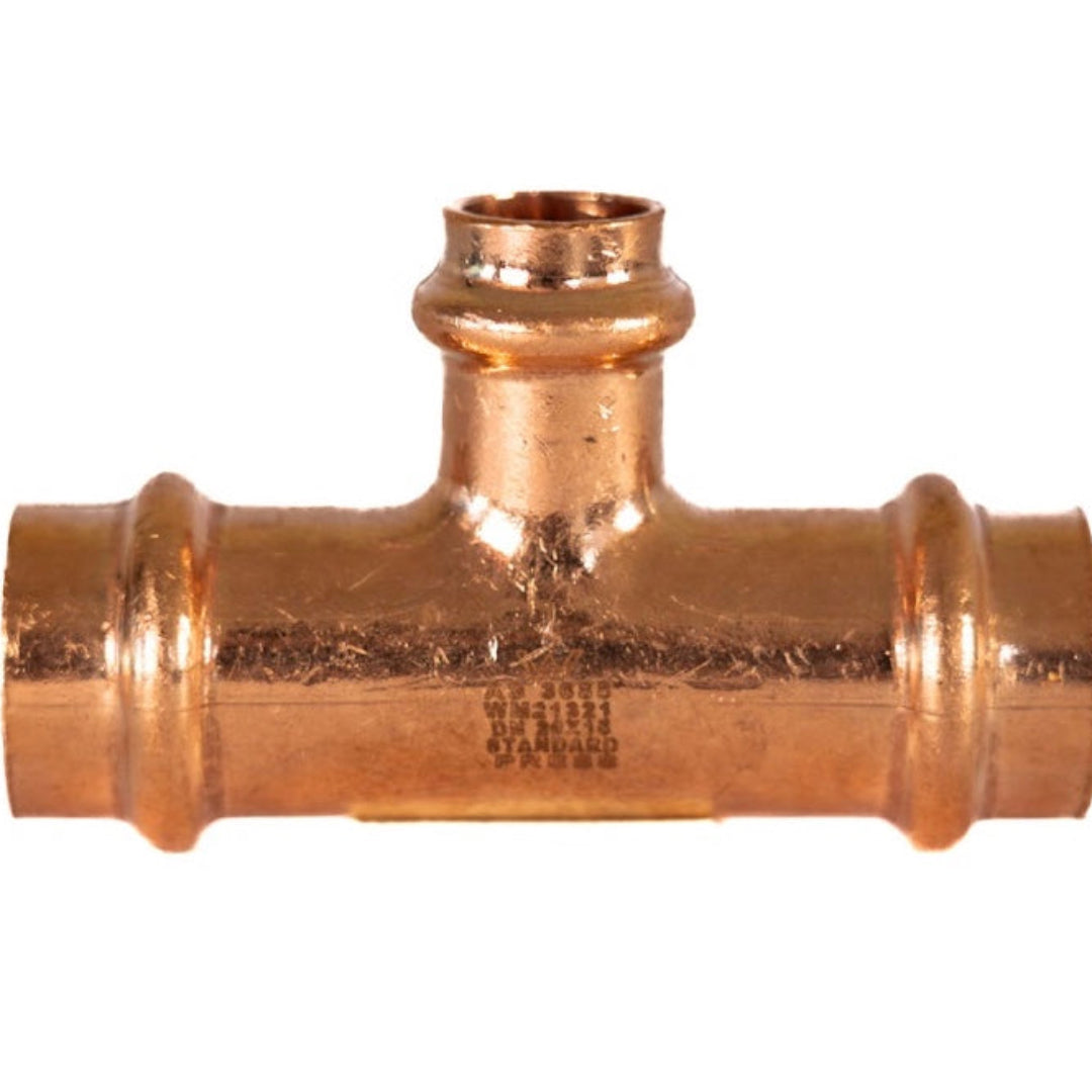 A copper press tee reducing 20mm x 15mm branch and 20mm outlet for plumbing.