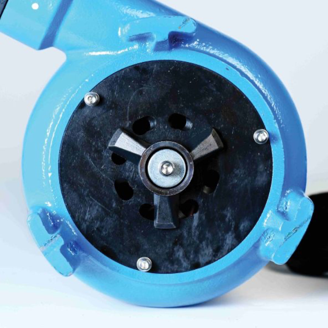 Close-up of a blue and black mechanical component on a white background