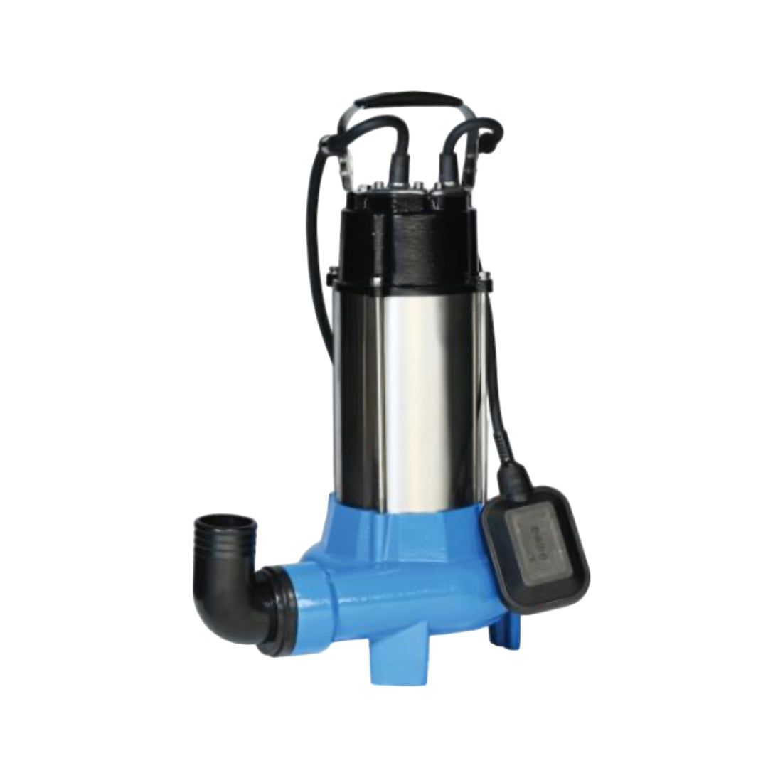 Blue and silver submersible pump on a white background