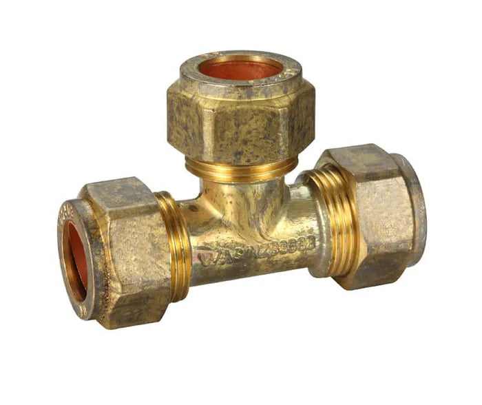 Copper Olive Compression Equal Tee - Brass, All Ends, 15mm & 20mm, Lead Free
