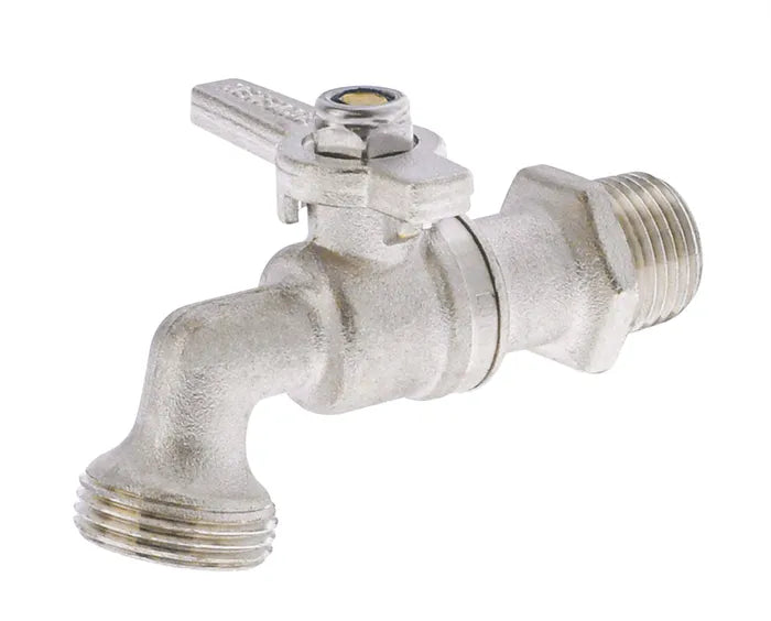 A silver brass hose tap with a quarter turn handle.