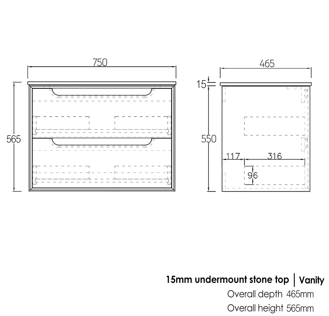 Natural Oak Byron 750MM Wall Hung Vanity Under Mount Stone Top