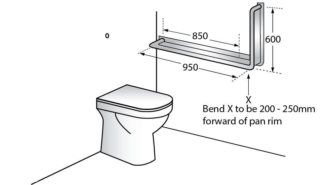 950mm x 600mm 90° Anti-Ligature Left Hand Grab Rail in Satin Stainless Steel