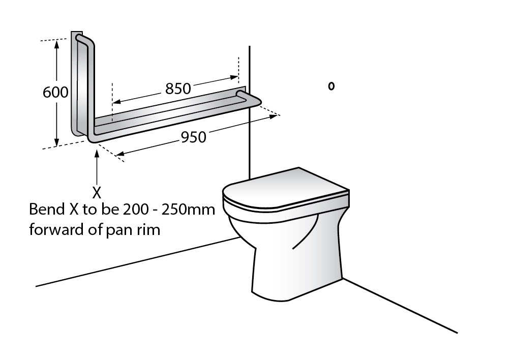 950mm x 600mm 90° Anti-Ligature Right Hand Grab Rail in Satin Stainless Steel