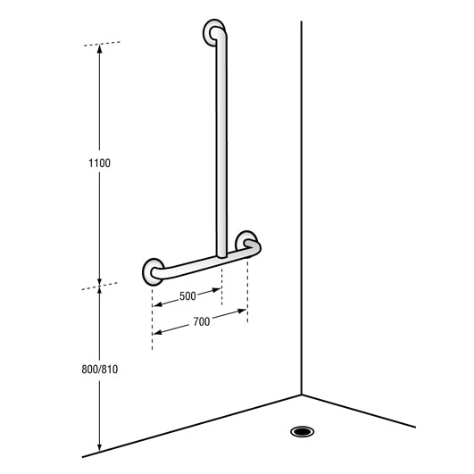 1100mm x700mm Offset Flush Mount Shower Grab Rail RH in Satin Stainless Steel