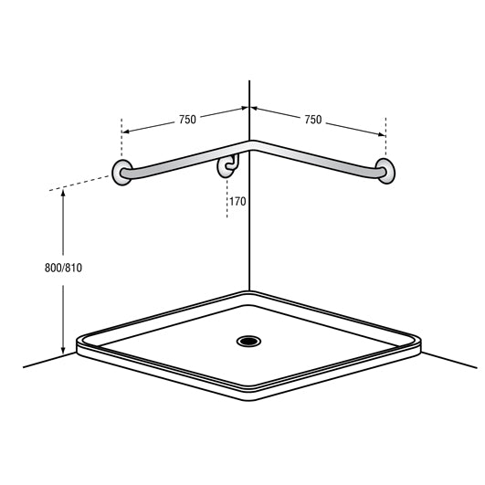 750mm x750mm Corner Wall Flush Mount Shower Grab Rail RH in Satin Stainless Steel
