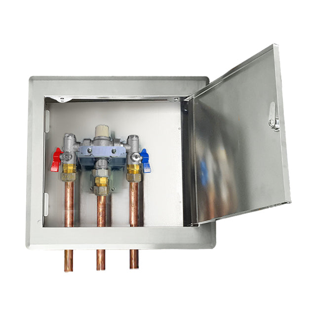 Gentec NSW Health Approved Thermostatic Mixing Valve Lead Free DZR Brass Chrome Plated w/ Stainless Steel Recessed Enclosure with Hinged Lockable Lid and Copper Tails
