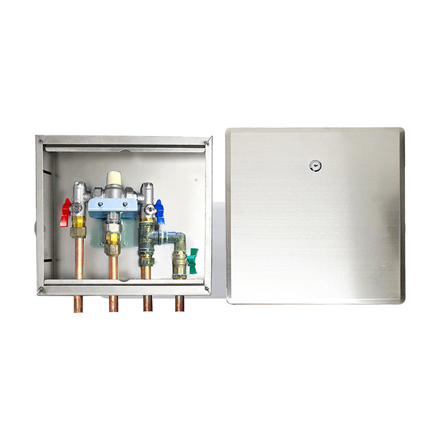 Gentec NSW Health Approved Thermostatic Mixing Valve Lead Free DZR Brass Chrome Plated w/ Cold Water Bypass, Stainless Steel Recessed Enclosure with Recessed Lockable Lid and Copper Tails