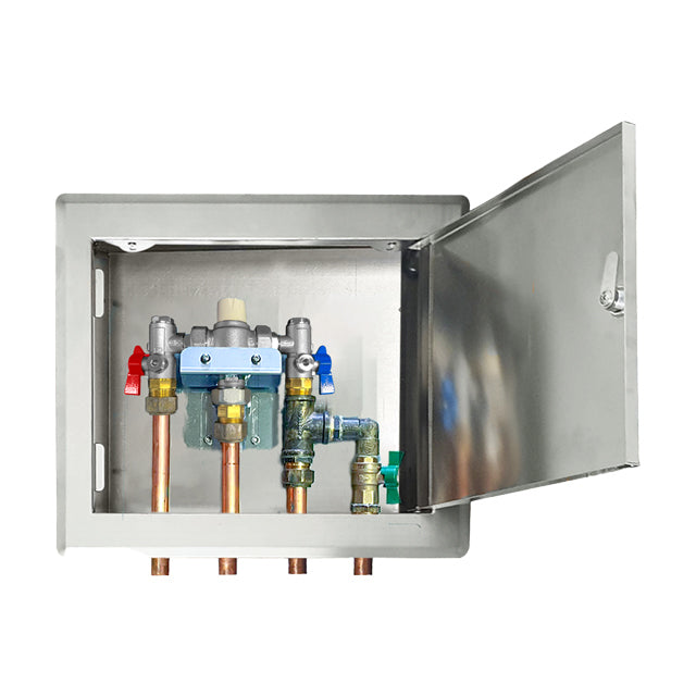 GENTEC FLOMIX NSW Health Approved Thermostatic Mixing Valve Lead Free DZR Brass Chrome Plated w/ Cold Water Bypass, Stainless Steel Recessed Enclosure with Hinged Lockable Lid and Copper Tails