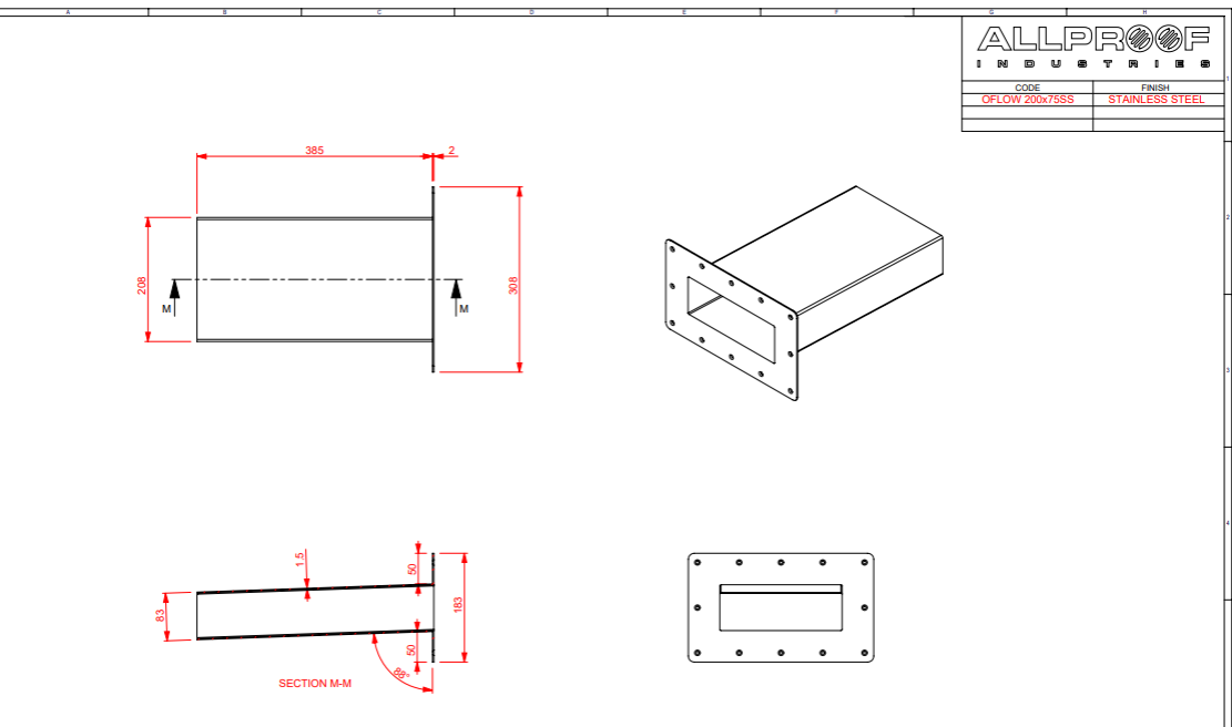 Technical drawings of mechanical components on a white background with 'ALLPROOF INDUSTRIES' branding.
