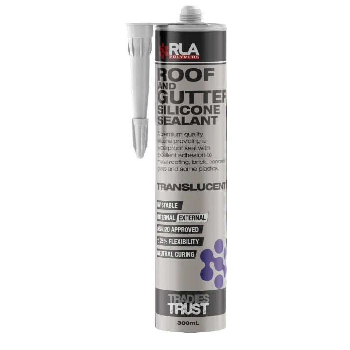 A tube of RLA Roof Gutter Silicone Sealant with a nozzle applicator, labeled as UV resistant and suitable for both internal and external use.