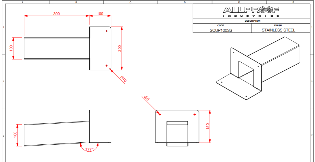 Technical drawing of a stainless steel component with dimensions and 'Allproof' branding.