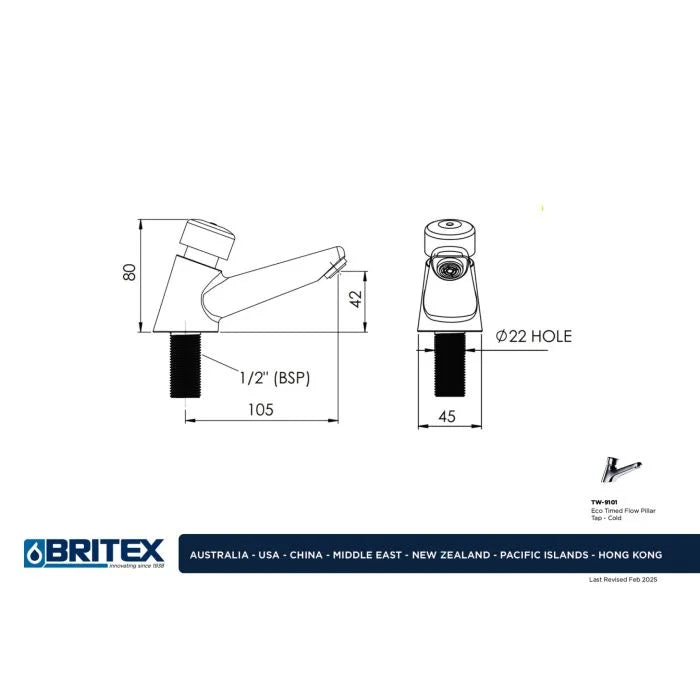 Britex Hob Mounted Eco Timed Flow Tap - Cold