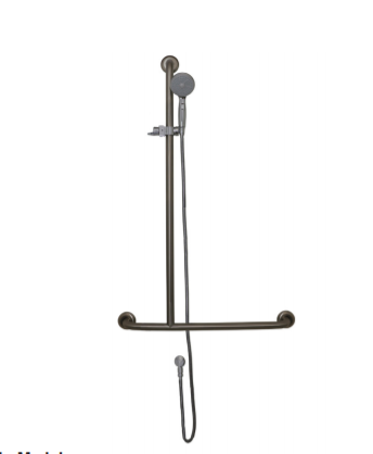 SHOWER ‘T’ GRAB RAIL W/ HANDSET, SLIDER & HOSE, LH