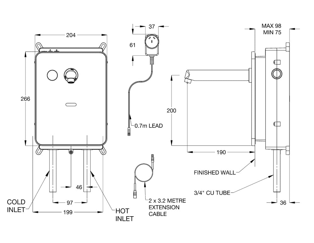 CliniMix® Lead Safe™ CMV2 Wall Mounted Handsfree POU, Proximity Sensor, Mains, Glass Face Plate with