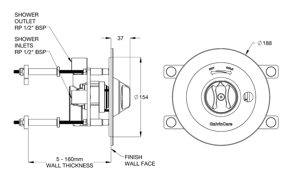 CliniMix® CP-BS Lead Safe™ Duct Mtd Thermostatic Progressive Shower Mixer with Anti-Ligature Handle