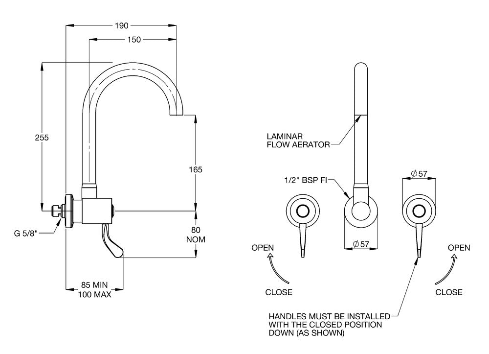 CliniLever® CP-BS Lead Safe™ Hospital Wall Sink Set 80 C/D with 190 Gooseneck Outlet Laminar