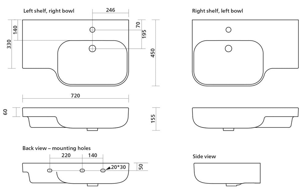 GalvinAssist® 720mm Access Wall Basin 0TH RH Bowl With Overflow White [MTO]