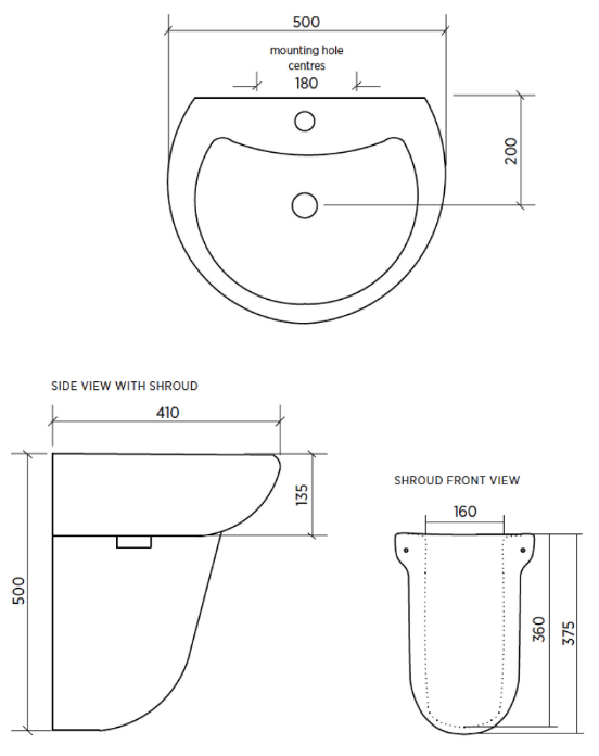 GalvinAssist® 500mm Wall Mount Basin, 1 TH with Overflow
