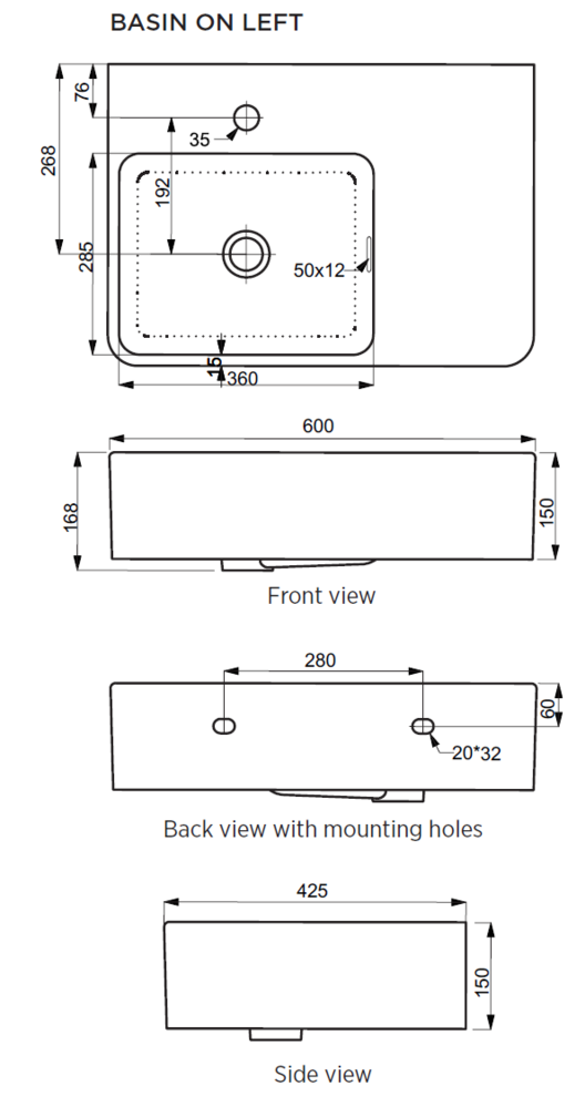 GalvinAssist® Accessible, 600mm Wall Mount Basin, LH Bowl, 1 TH with Overflow