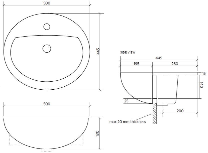 GalvinAssist® Semi Recessed Basin, 500mm 1 TH with Overflow