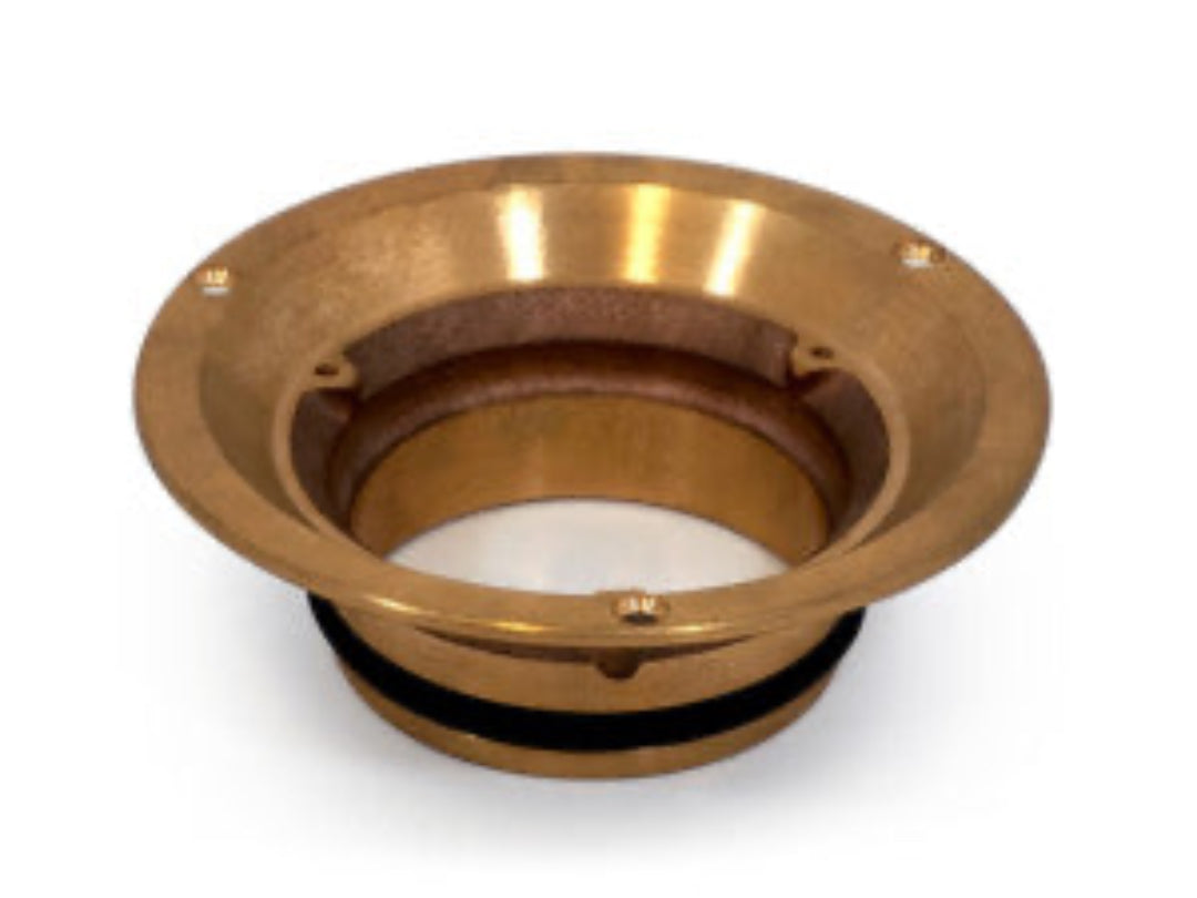 A set of four cast bronze vinyl flanges with a polished brass finish, designed for use in showers, floors, and roofs.