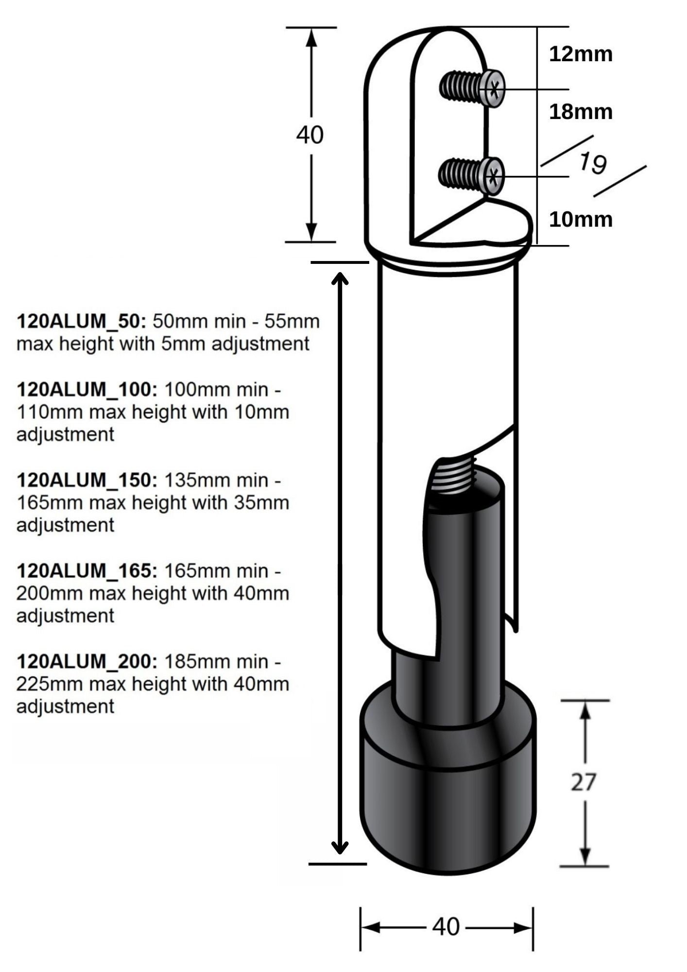 Heavy Duty Aluminium Leg - Multiple Sizes
