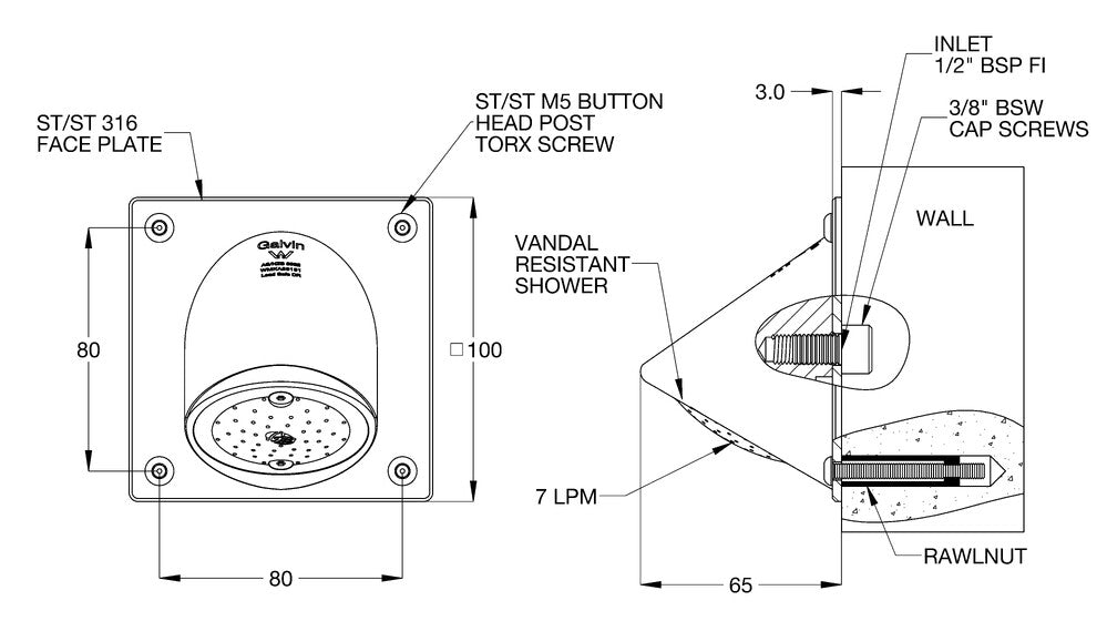 GalvinCare® CP-BS Lead Safe™ Mental Health Anti-Ligature Shower Rose with 100mm Bolting Plate
