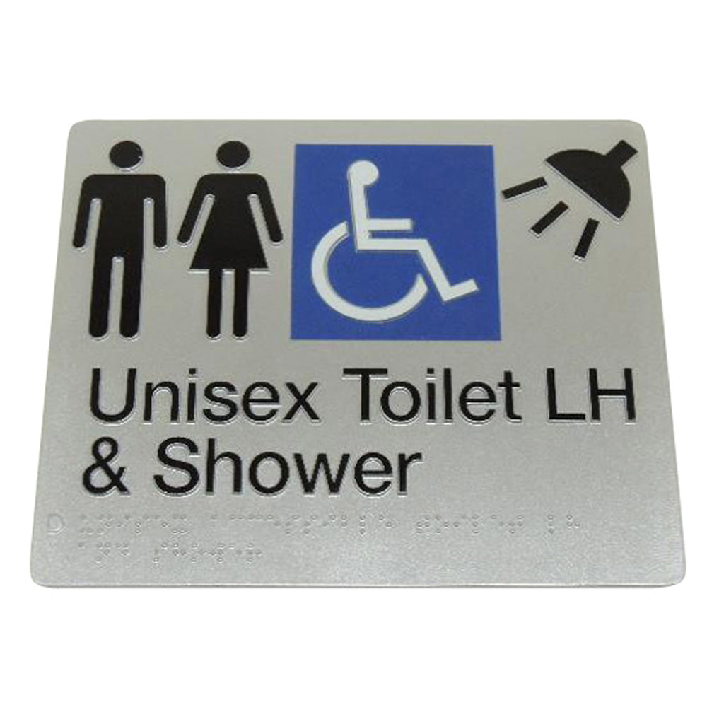 Unisex Toilet Shower Left Hand Braille Sign 235 X 180 X 3 Silver