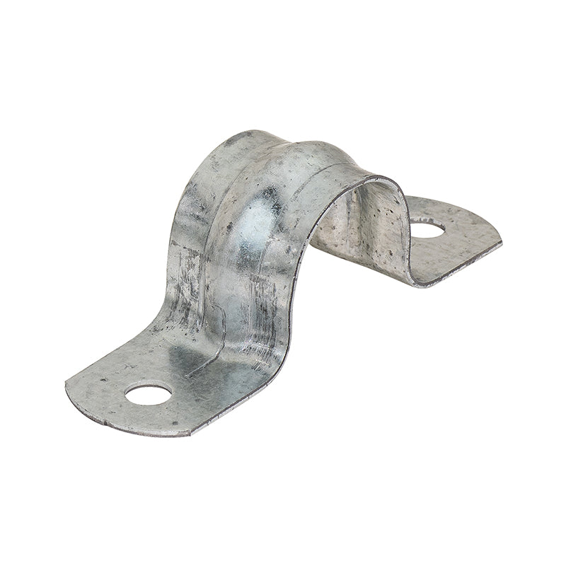 A silver metal saddle clip designed for securing galvanised pipe.