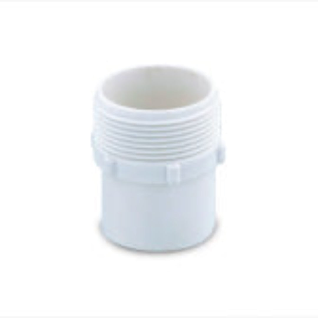 A white DMV male adaptor for plumbing, with a cylindrical shape and a flanged end for solvent welding.