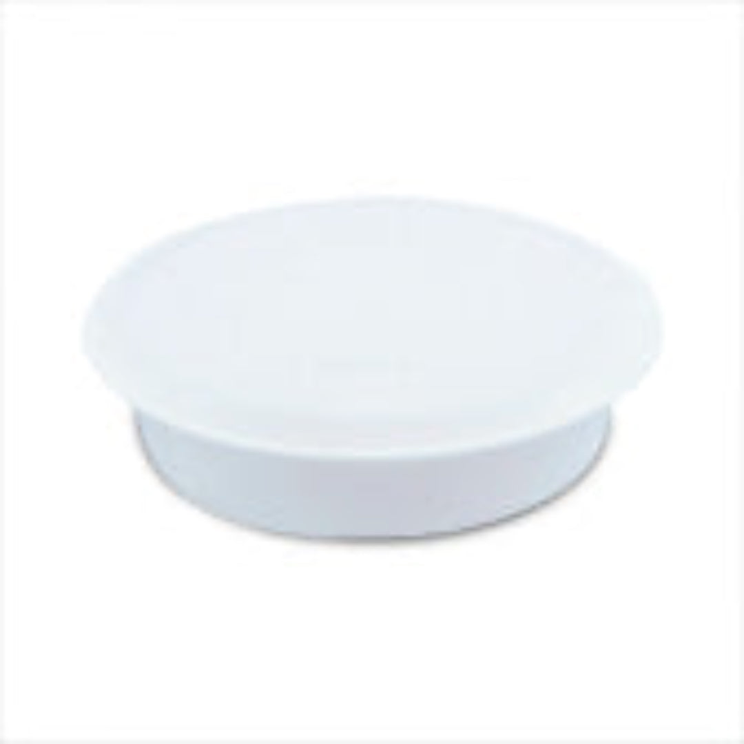 A white, solid-colored, round plastic end cap designed for use in drainage systems.
