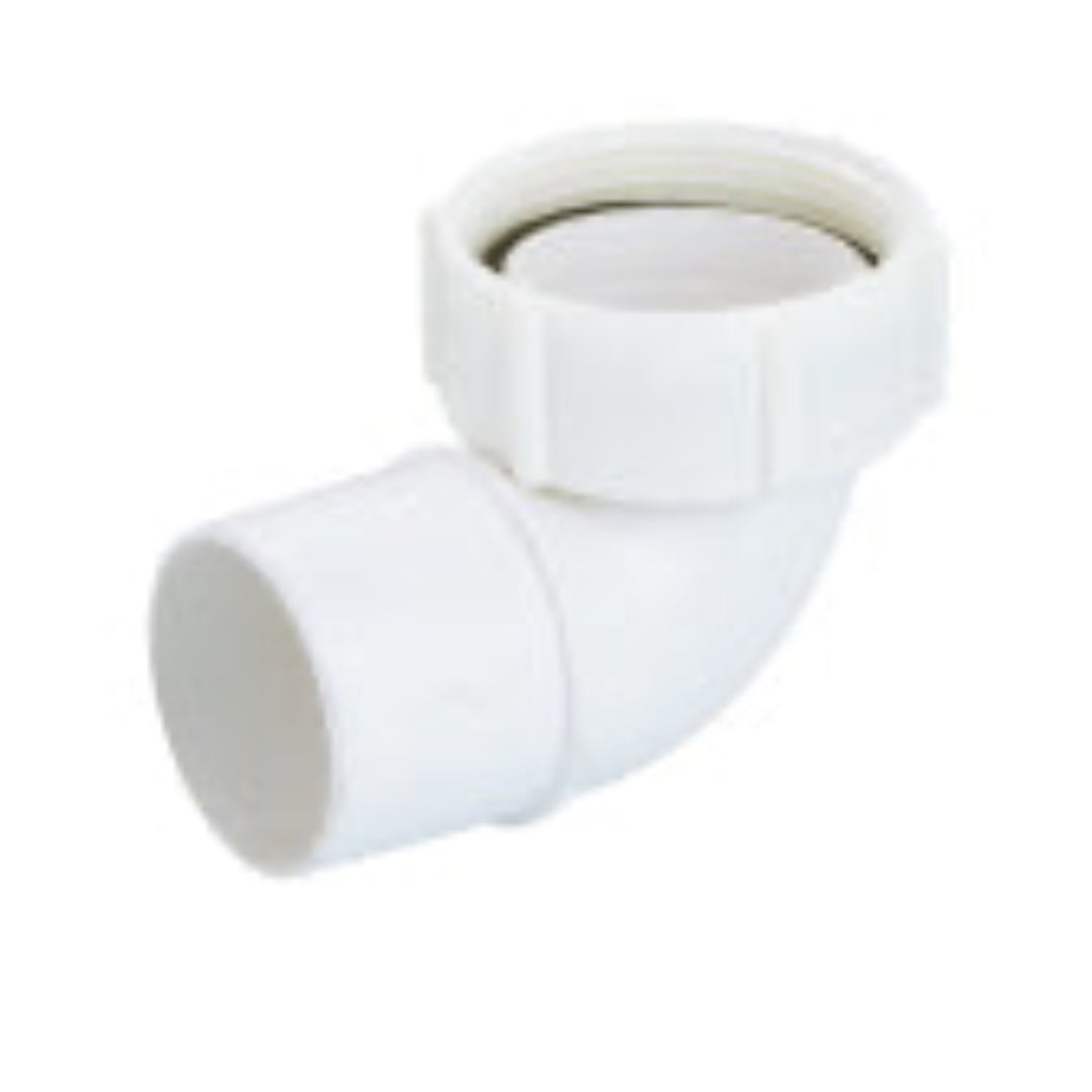 A white PVC low bend waste pipe connector for plumbing.