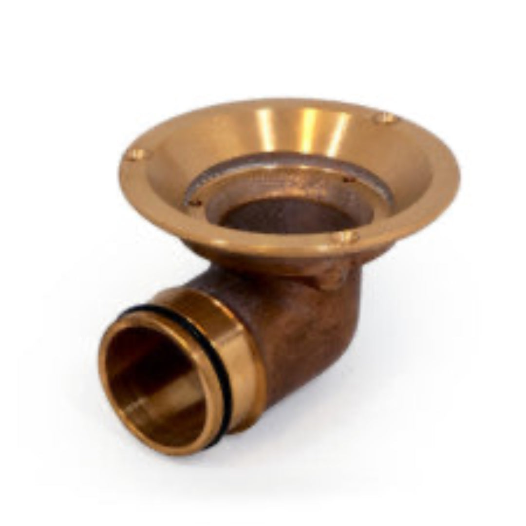A set of four cast bronze vinyl flanges with a polished brass finish, designed for use in showers, floors, and roofs.