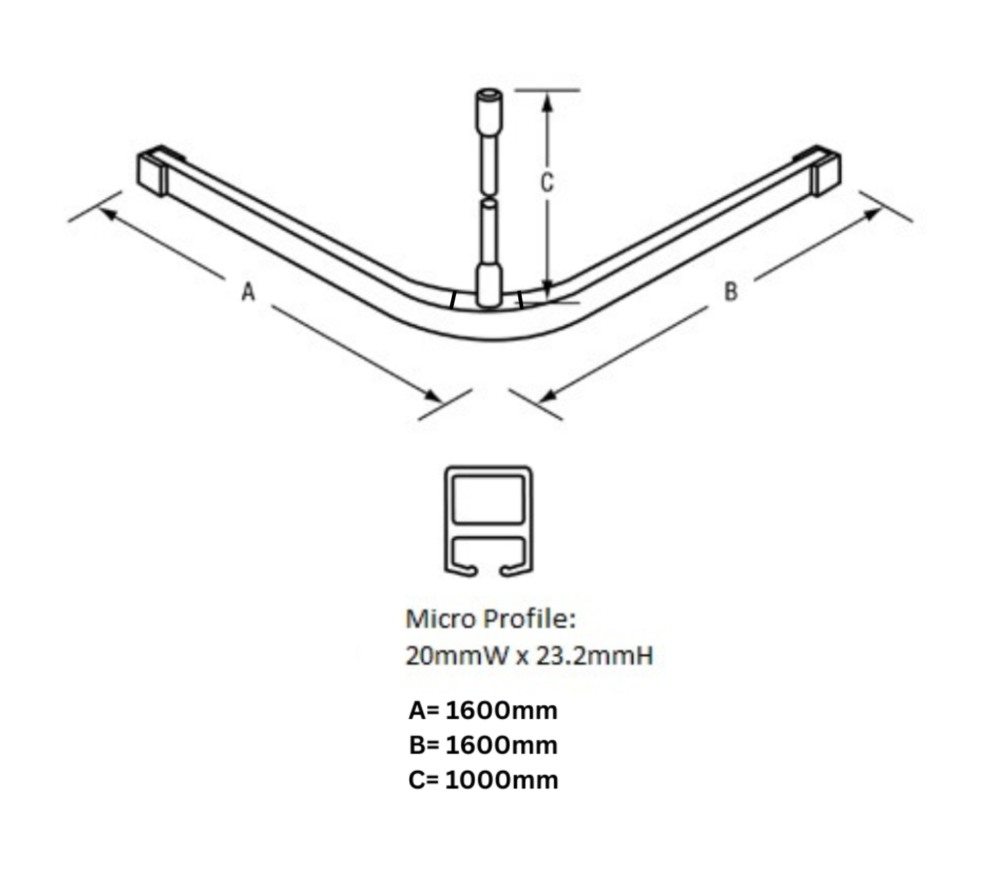 1600mm x 1600mm L Bend Shower Curtain Track System in Designer Black