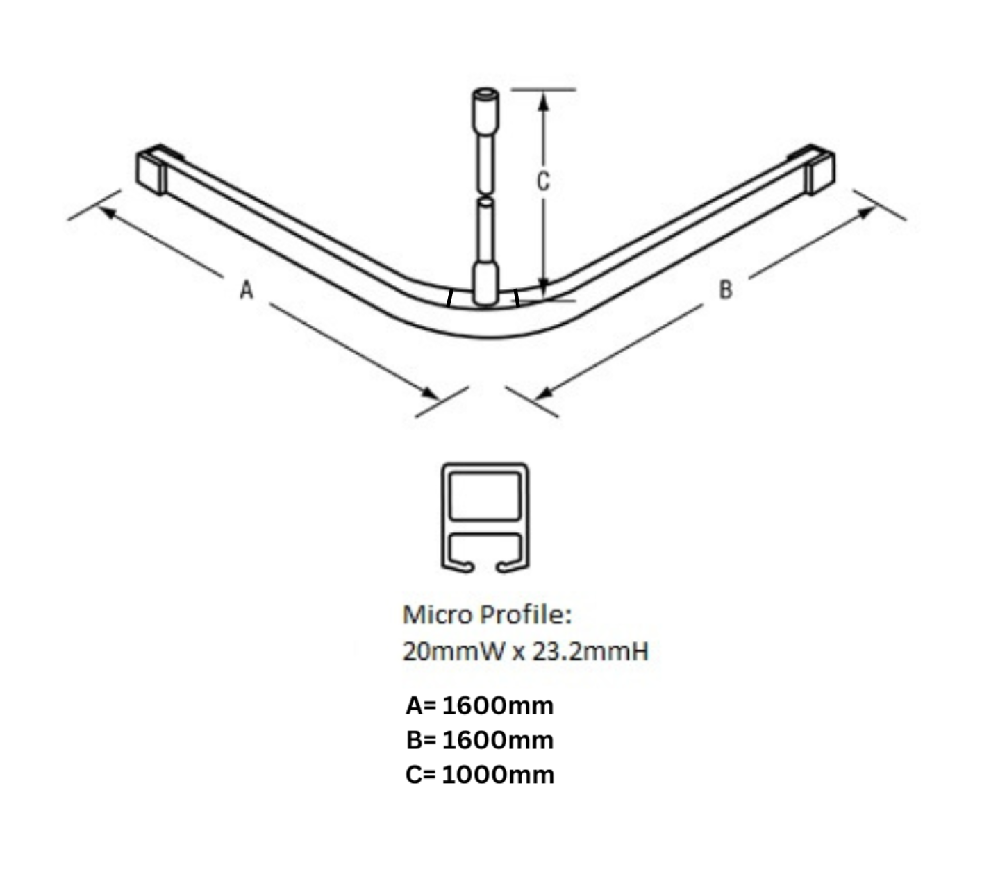 1600mm x 1600mm L Bend Shower Curtain Track System