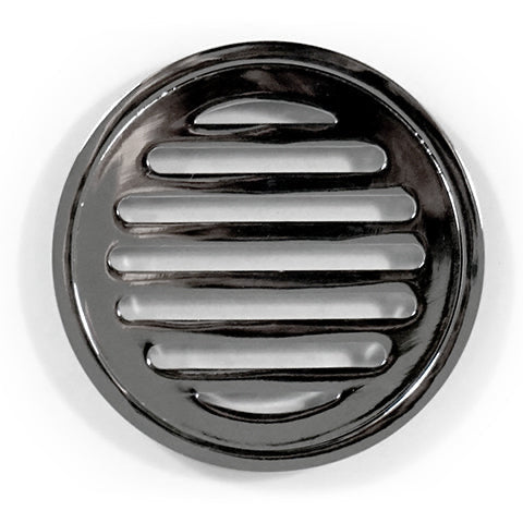 A black square-shaped drain cover with revolving outlet grates, designed for tile and vinyl applications.