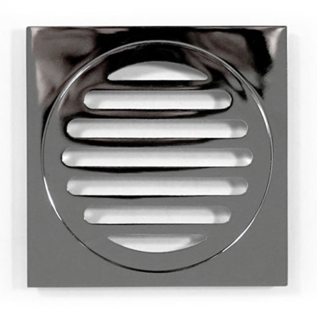 Chrome square drain cover on a white background